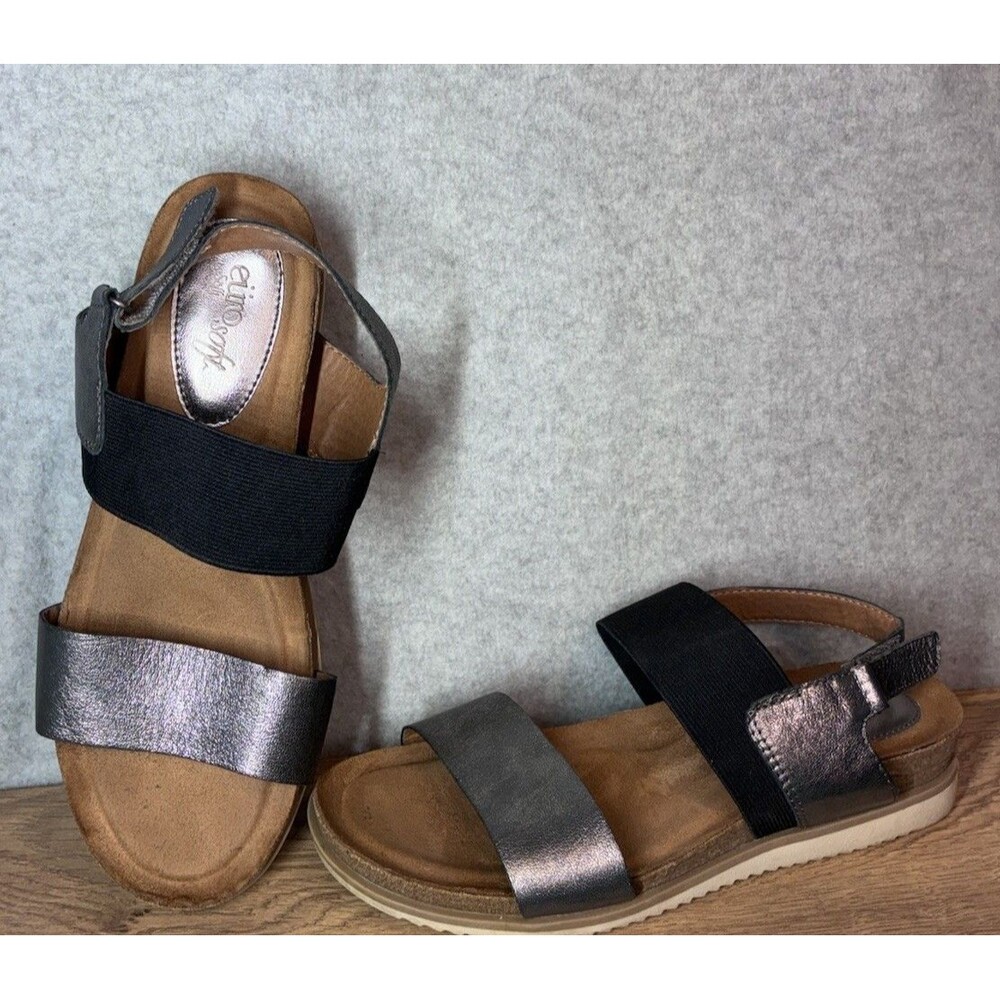 Sofft eurosoft Sandals Sz 9.5 Layla Black Silver Platform Cork Leather Comfort